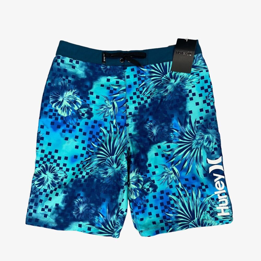 Hurley Board Shorts Boys 16 Blue Gaze Floral Print 9 Inch Inseam Swim Trunks